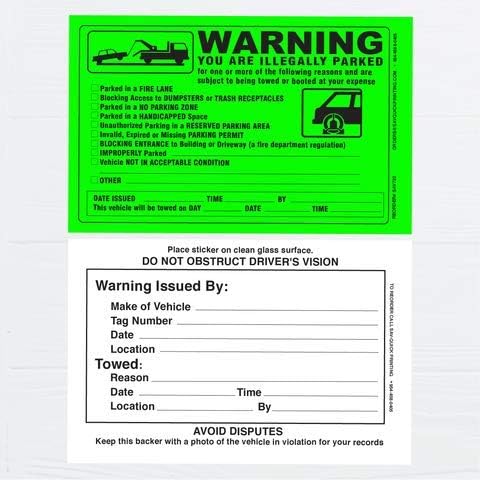 (50) Parking Violation NRT Sticker - Vehicle Illegally Parked Tow Notice - No Parking Warning Stickers - Scrap to Remove Neon Green 5.5 x 7.5 - Made in The India