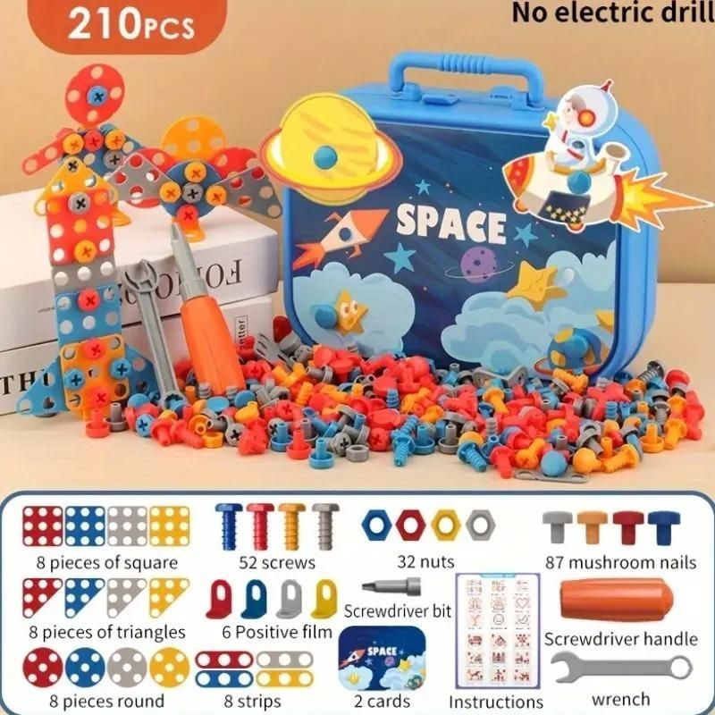 STEM Puzzle Assembly Kit for Kids – 210 PCS DIY Creative Construction Toy Set with Screwdriver, Wrench & Storage Box | Building Engineering Set for Boys & Girls Ages 3–8 (Space Theme)
