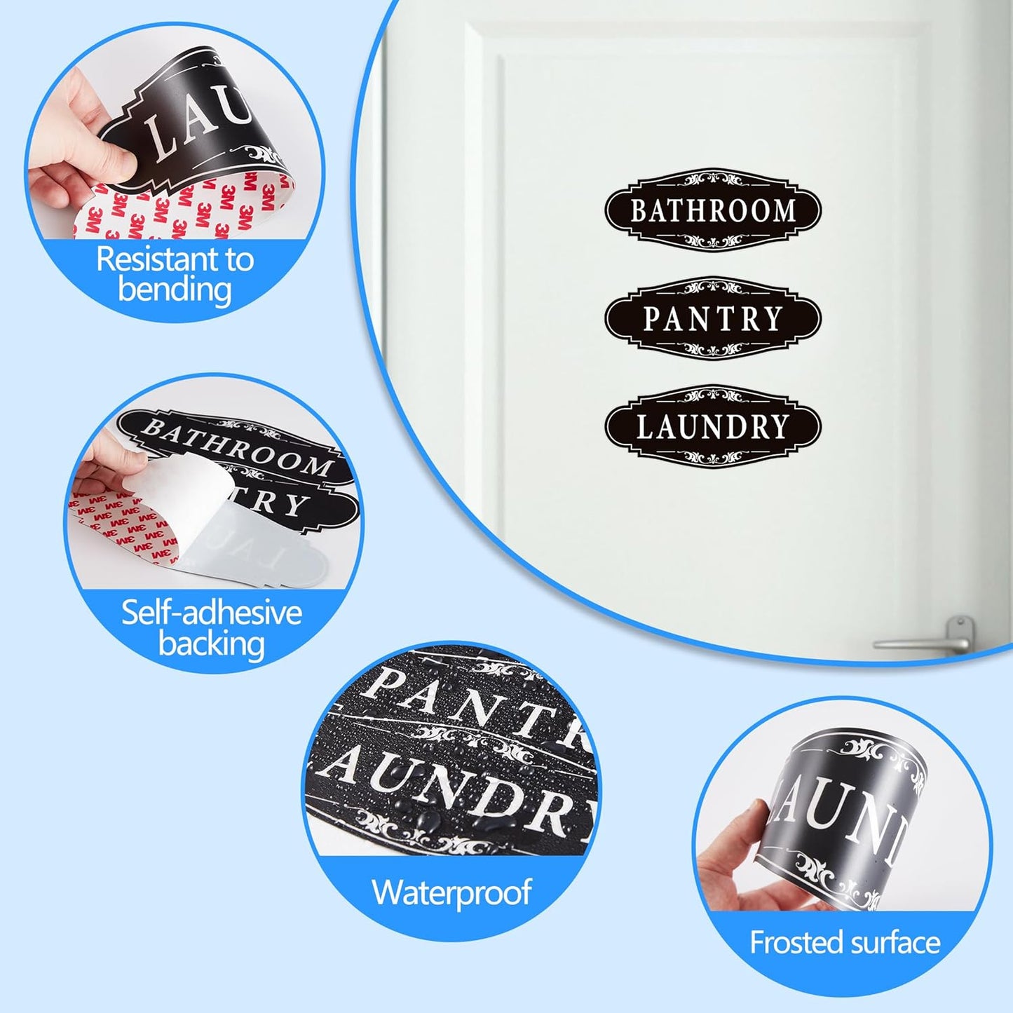 3PCS Bathroom/Laundry Room/Pantry Door Signs Sticker, Self-Adhesive Weatherproof and Fade-Resistant Vinyl Bathroom Door Decal Decor for Home, House, Business, Office, Apartment（9" x 3.5"）