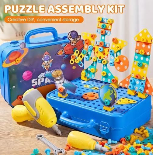 STEM Puzzle Assembly Kit for Kids – 210 PCS DIY Creative Construction Toy Set with Screwdriver, Wrench & Storage Box | Building Engineering Set for Boys & Girls Ages 3–8 (Space Theme)
