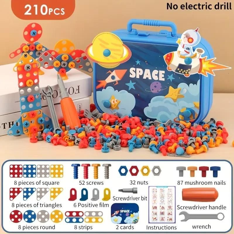 STEM Puzzle Assembly Kit for Kids – 210 PCS DIY Creative Construction Toy Set with Screwdriver, Wrench & Storage Box | Building Engineering Set for Boys & Girls Ages 3–8 (Space Theme)