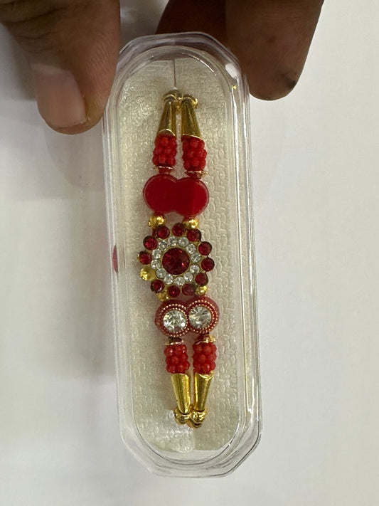 Tilka Sign Designer Rakhi for Brother | Traditional Red Beads & Stone Rakhi | Premium Rakhi with Golden Elements | Handmade Rakhi Thread for Raksha Bandhan