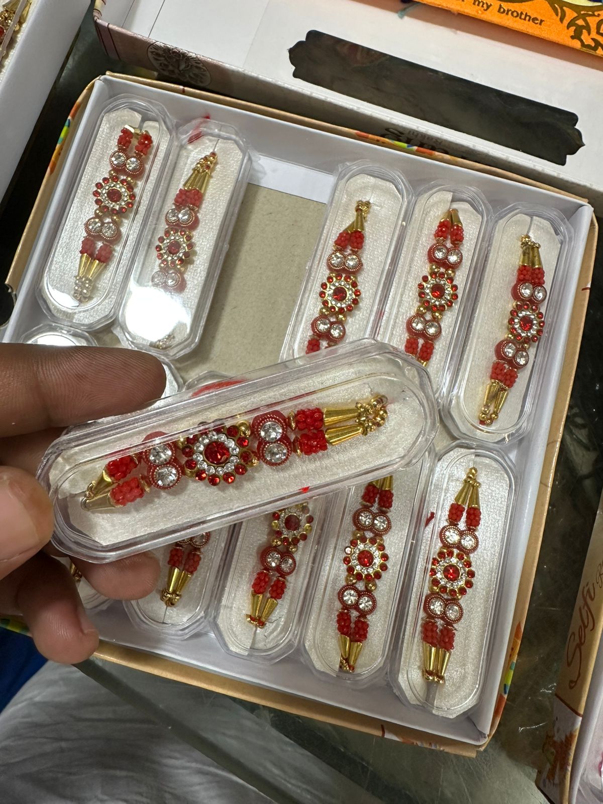 Tilka Sign Designer Rakhi for Brother | Traditional Red Beads & Stone Rakhi | Premium Rakhi with Golden Elements | Handmade Rakhi Thread for Raksha Bandhan