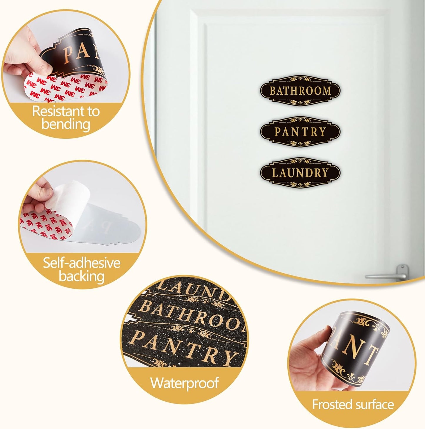 3PCS Bathroom/Laundry Room/Pantry Door Signs Sticker, Self-Adhesive Weatherproof and Fade-Resistant Vinyl Bathroom Door Decal Decor for Home, House, Business, Office, Apartment（9" x 3.5"）