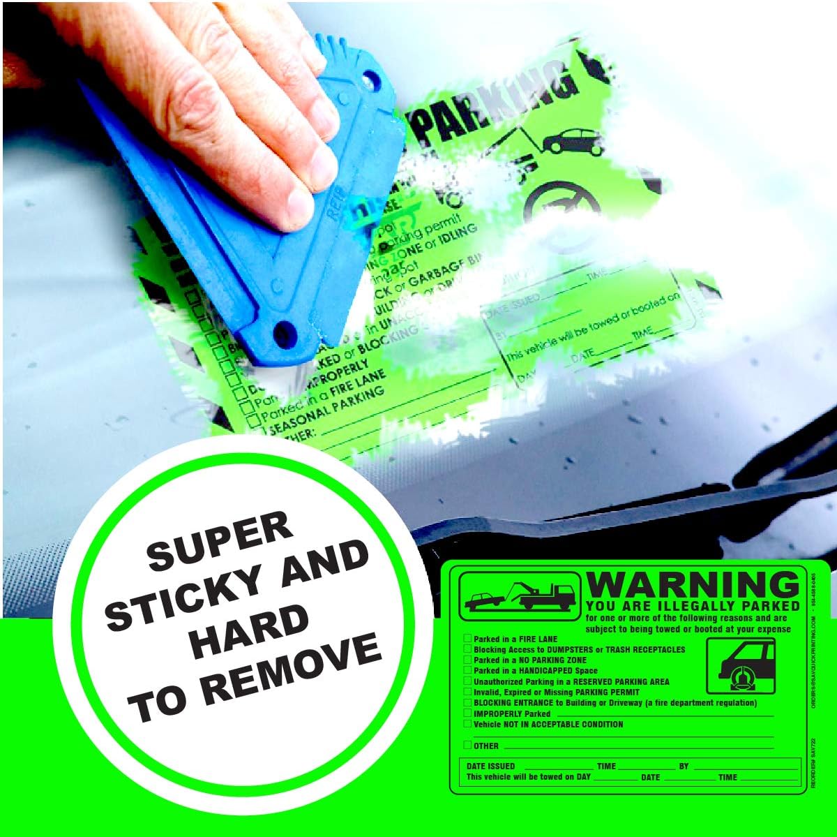 (50) Parking Violation NRT Sticker - Vehicle Illegally Parked Tow Notice - No Parking Warning Stickers - Scrap to Remove Neon Green 5.5 x 7.5 - Made in The India