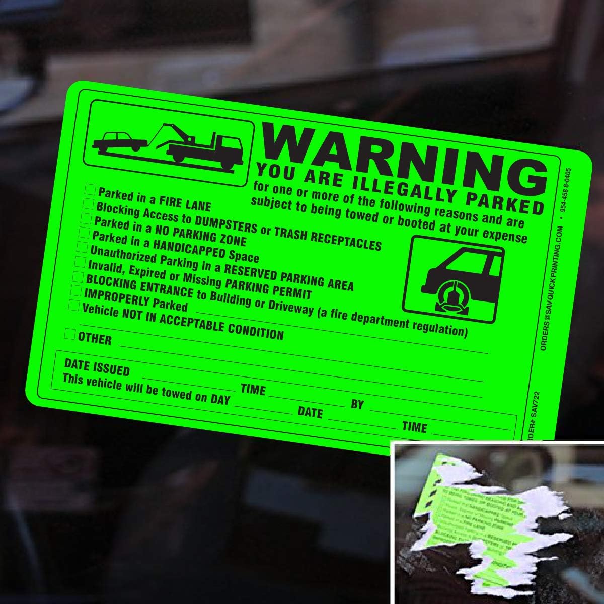 (50) Parking Violation NRT Sticker - Vehicle Illegally Parked Tow Notice - No Parking Warning Stickers - Scrap to Remove Neon Green 5.5 x 7.5 - Made in The India