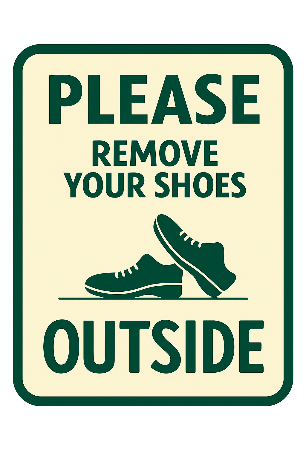 Please Remove Your Shoes Outside Sign, Green and Cream, Vinyl and 3mm Form Board, Home Entrance Decor Size 10x11.5 Inch (1 Pack)