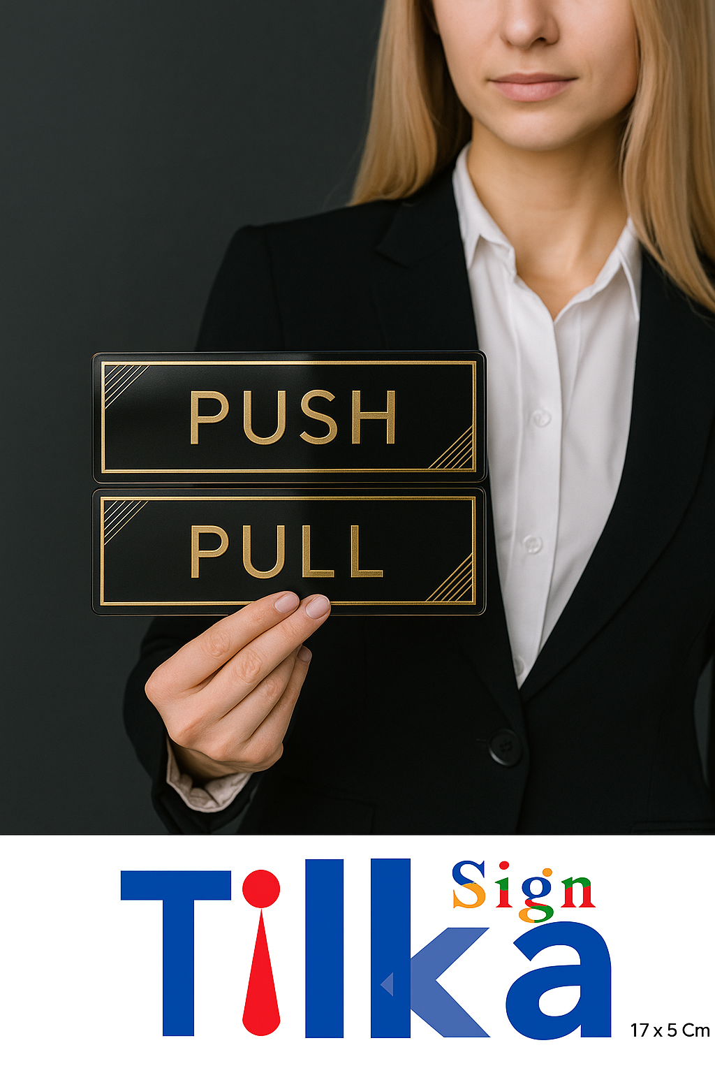 Premium Push Pull Door Signage Set – Gold & Black Acrylic Plates (17 x 5 cm) | Self-Adhesive, Waterproof, Elegant Office Door Signs for Glass, Wood, or Metal Surfaces | Tilka Sign