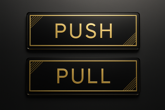 Premium Push Pull Door Signage Set – Gold & Black Acrylic Plates (17 x 5 cm) | Self-Adhesive, Waterproof, Elegant Office Door Signs for Glass, Wood, or Metal Surfaces | Tilka Sign