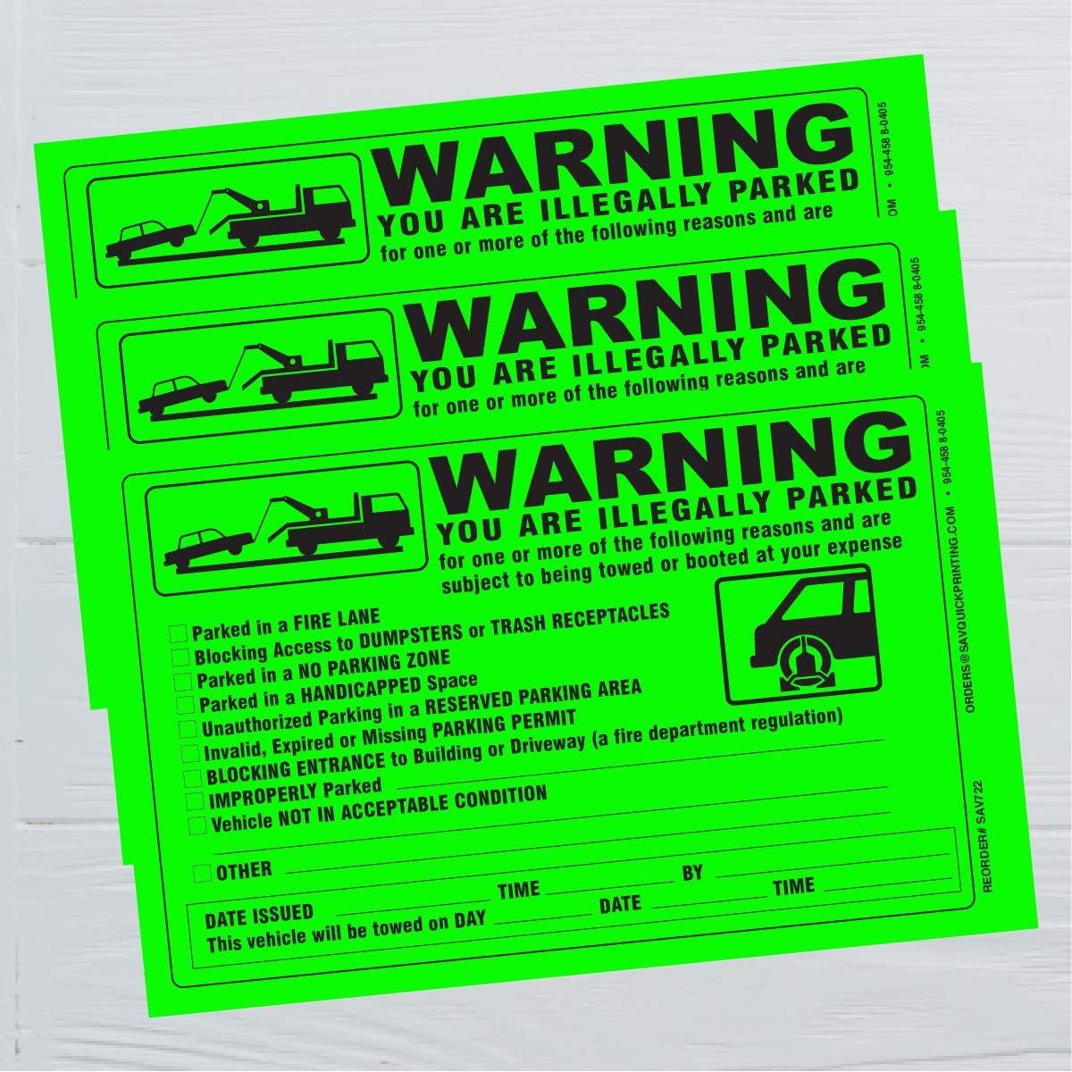 (50) Parking Violation NRT Sticker - Vehicle Illegally Parked Tow Notice - No Parking Warning Stickers - Scrap to Remove Neon Green 5.5 x 7.5 - Made in The India