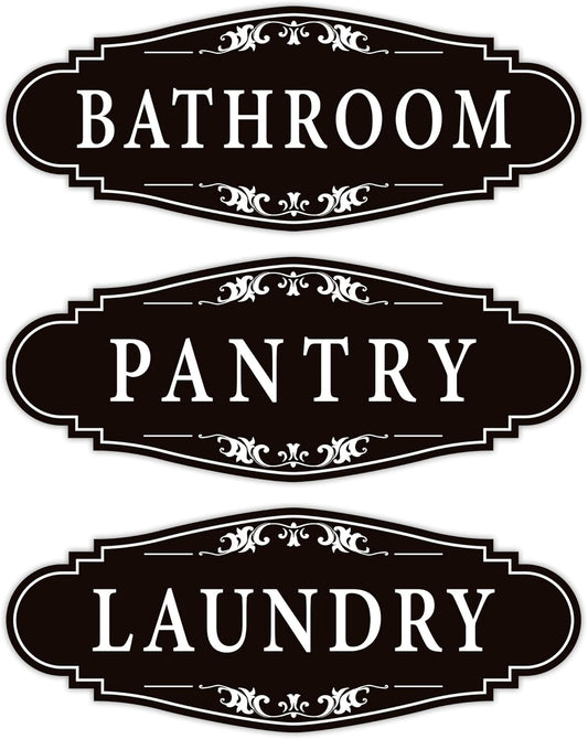 3PCS Bathroom/Laundry Room/Pantry Door Signs Sticker, Self-Adhesive Weatherproof and Fade-Resistant Vinyl Bathroom Door Decal Decor for Home, House, Business, Office, Apartment（9" x 3.5"）