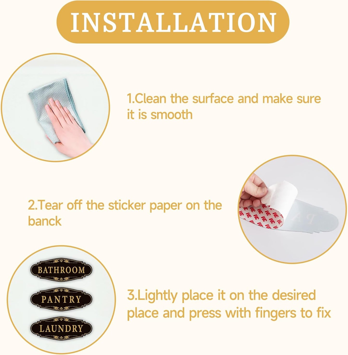 3PCS Bathroom/Laundry Room/Pantry Door Signs Sticker, Self-Adhesive Weatherproof and Fade-Resistant Vinyl Bathroom Door Decal Decor for Home, House, Business, Office, Apartment（9" x 3.5"）